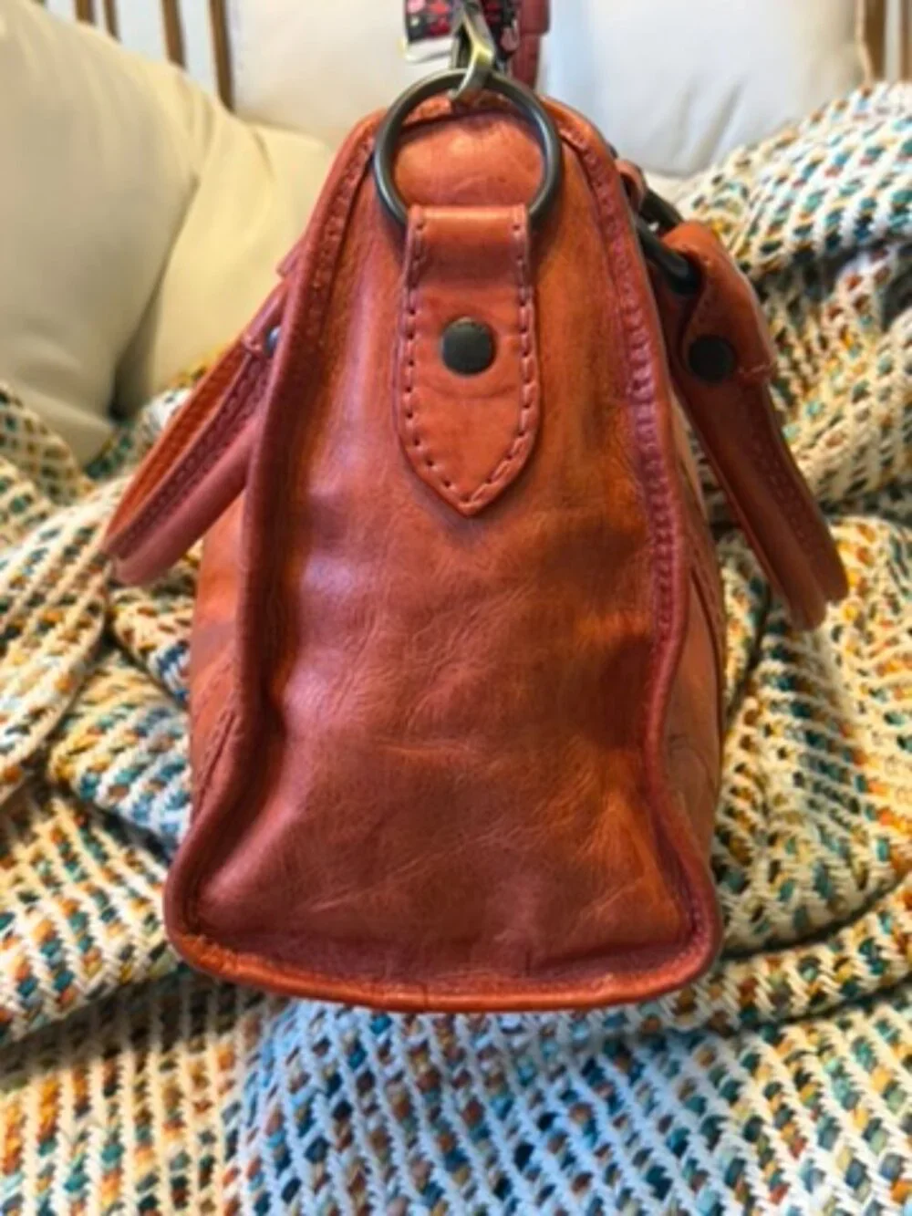 Frye Melissa Washed Leather Satchel Burnt Orange Boho Embroidered Strap EUC